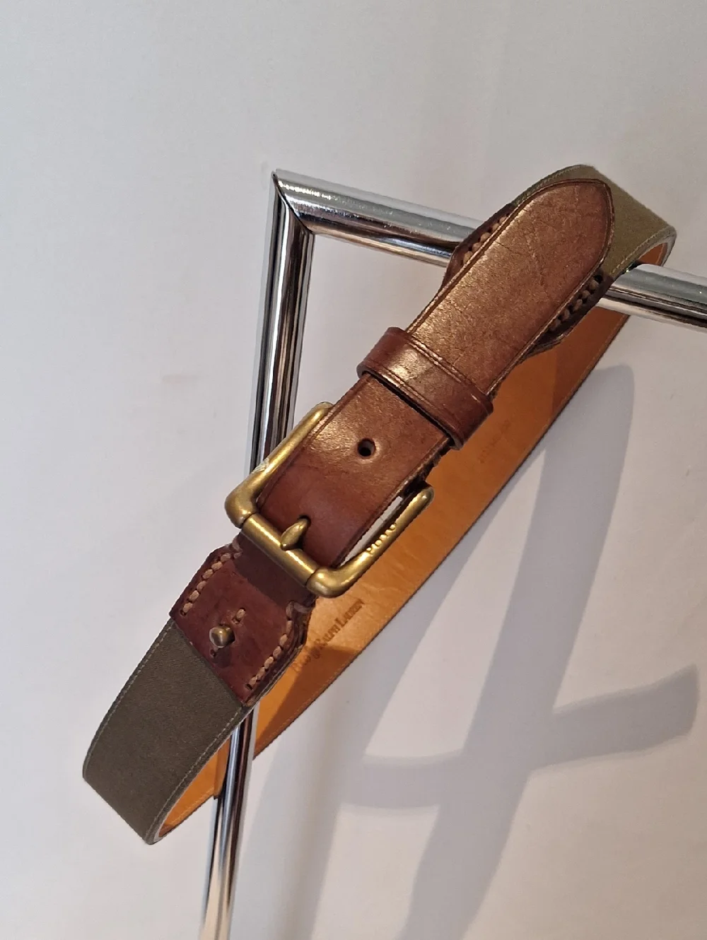 Polo Ralph Lauren Classic Briwn Leather & Olive Cavas On Leather Men's Belt
